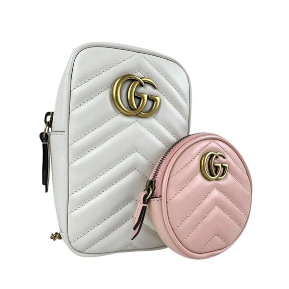 Auth GUCCI GG Marmont Chain Pouch Purse White/Pink Leather/Goldtone